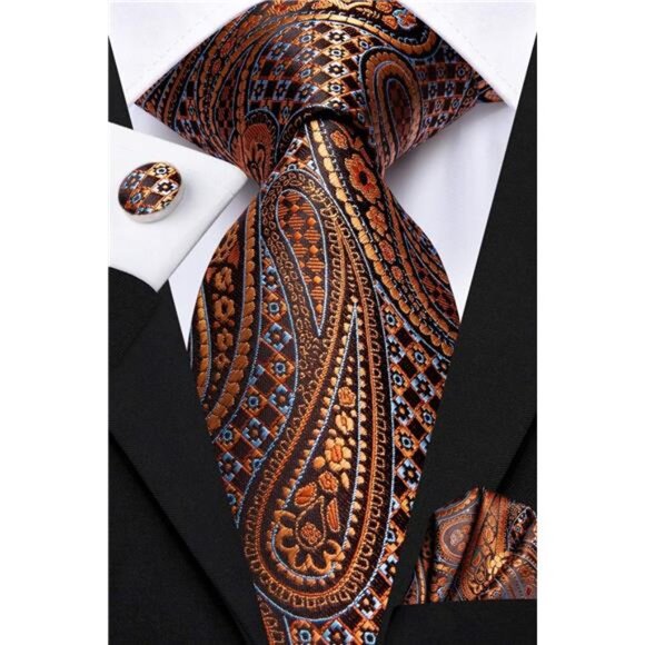 Mens Paisley Floral Silk Tie for Men Striped Necktie and Pocket Square Cufflinks - Picture 4 of 6